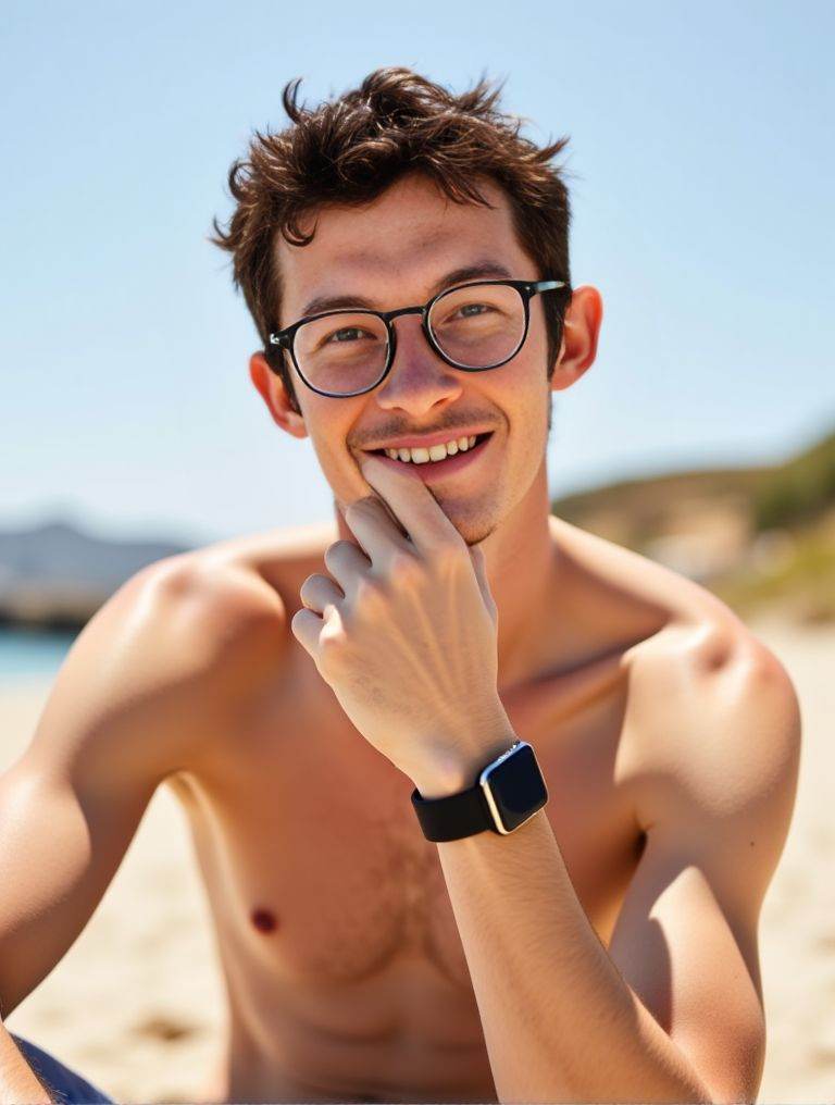 Callum Turner ,  looking handsome by the beach. homoerotic. wearing only speedos. wearing specs with circular frame. smili...