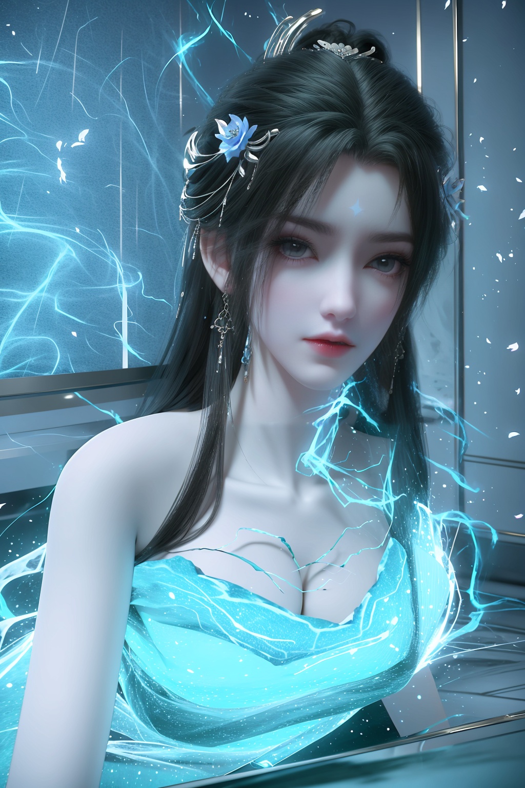 (8k, RAW photo, best quality, masterpiece:1.2),hatching (texture),skin gloss,light persona,artbook,extremely detailed CG unity 8k wallpaper,official art,(high detailed skin),glossy skin,contrapposto,female focus,sexy,fine fabric emphasis,wall paper,flower,lying,indoors,on side,curtains,butterfly,1girl,solo,looking at viewer,ribbon,flower,petals,qy-hd,<lora:0406蓝衣清漪64:0.8>,ll-hd,<lora:1111白皙质感:0.5>,ty-hd,ty-hd,<lora:0110田野:0.6>,