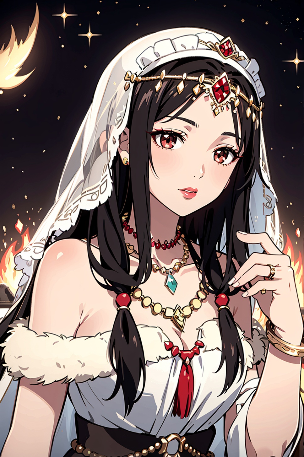 masterpiece,best quality,1girl,jewelry,necklace,ring,black hair,veil,beads,long hair,bracelet,traditional clothes,looking at viewer,red lips,brown eyes,gold,gem,lips,traditional fur hat,<lora:PDLX_部落公主:1.5>,A silhouette of the Mongolian princess against the backdrop of a bonfire and a starry sky,