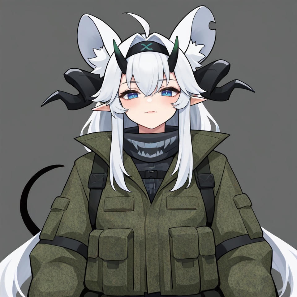 masterpiece, best quality,grey background,looking at viewer,SOLO,simple background,       dajiaoshu_style,shuangweihuixing,rat ears,horns,blue eyes,animal ears,closed mouth,ahoge,white hair,2 tails,animal ear fluff,demon tail,demon horns,long hair,gloves,jacket,hairband,black gloves,virtual youtuber,camouflage,camouflage jacket<lora:双尾彗星-1.0-ill2pro-e1:0.8>