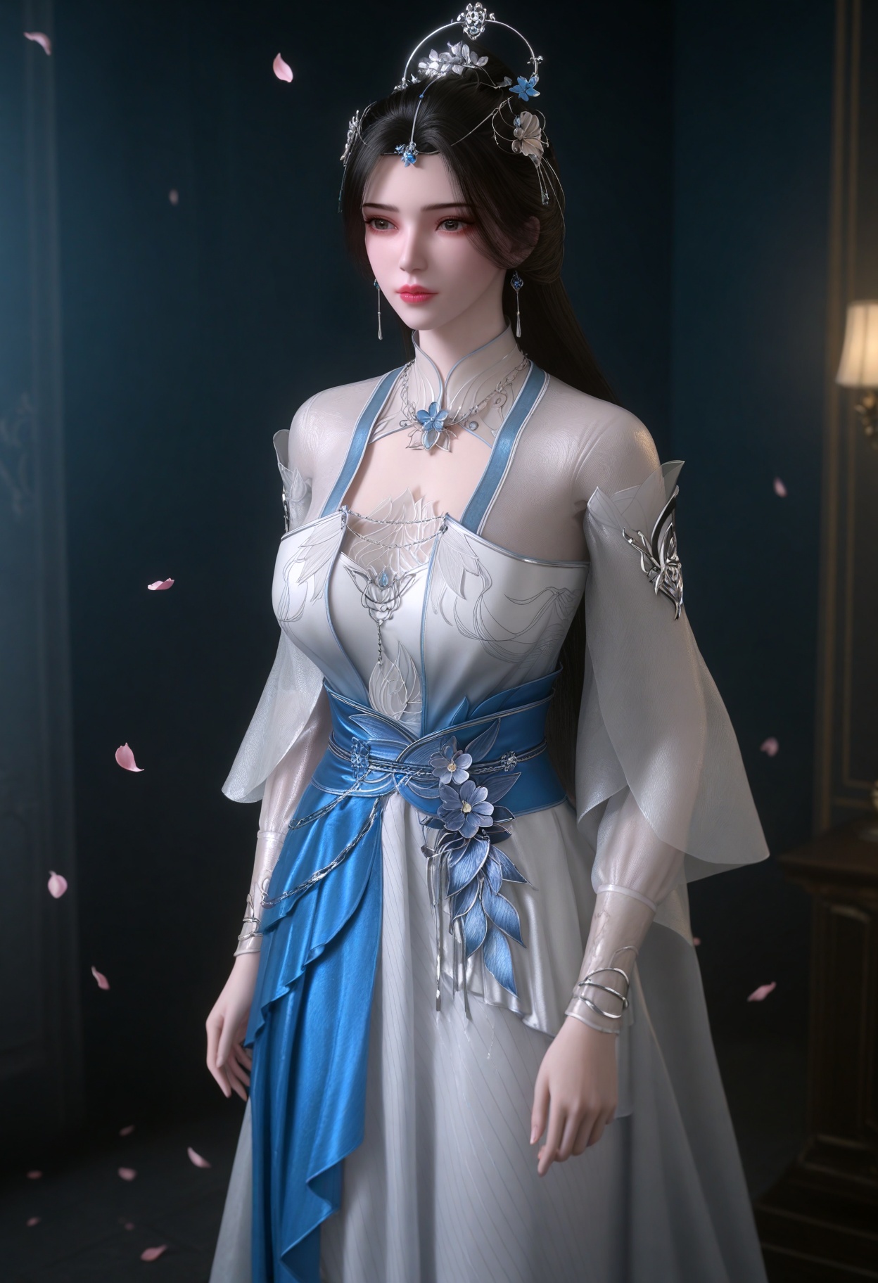 (full_body:1.1),(gigantic breasts:0.6),(slender:1.3),(looking_at_viewer:1.1),(masterpiece:1.1),(best quality:1.2),(intricate details),(smog:1.3),(Dark room:1.3),(dim lighting:1.3),peach blossom,falling petals,<lora:YQ_Illustrious光辉v5_李慕婉白衣_V1:0.8>,(q1528437228:1.1),solo,1girl,black_hair,hair_ornament,long_hair,jewelry,dress,earrings,white_dress,sash,long_sleeves,chinese_clothes,hair_bun,tiara,veil,bracelet,flower,clothing_cutout,see-through,ponytail,see-through_sleeves,single_hair_bun,blue_dress,blue_footwear,masterpiece,(best quality),(intricate details:0.9) BREAK (intricate details:0.9),(realistic skin:1.2),masterpiece,best quality,newest,absurdres,hiahres,