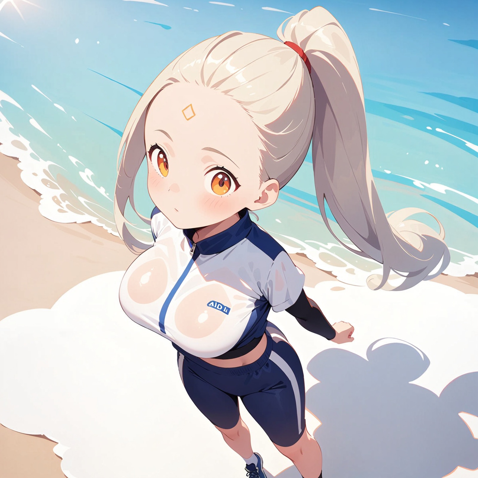 ((Masterpiece:1.2, best quality)),1 Aldi,alone,(workout clothes),platinum blonde,long hair,(top view, front focus, straight ahead),(forehead),jump,above waist,ponytail,big tits,we:1.1,