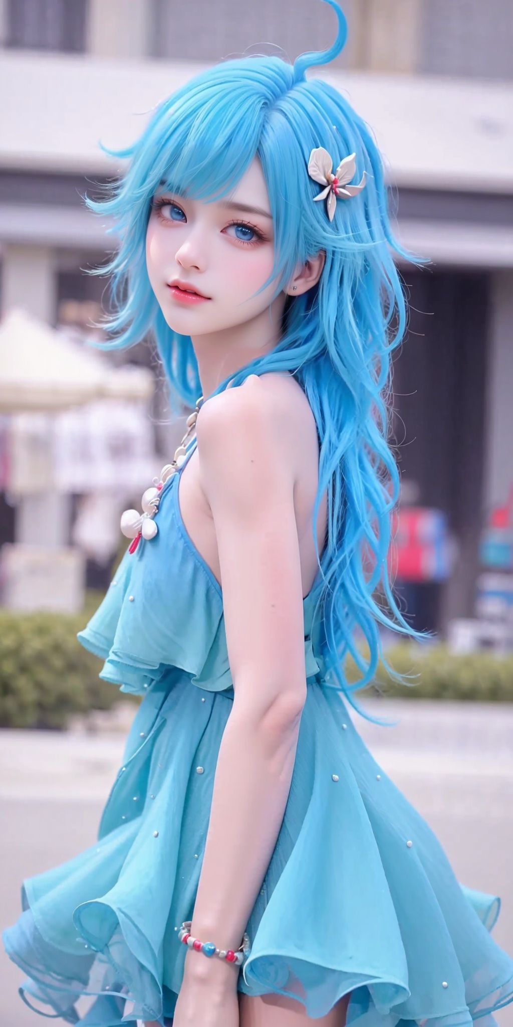 <lora:DUOLIYA_20231223040150:0.75>,DUOLIYA,1girl,blue hair,dress,long hair,(ahoge:1.3),solo,blue dress,blue eyes,blue hair,outdoors,ahoge,jewelry,hair ornament,bracelet,bare shoulders,bare legs,bangs,blue eyes,hair ornament,<lora:danya-img-b:0.5>,pale skin,(upper_body:1.5),, (raw photo:1.2),((photorealistic:1.4))best quality,masterpiece,illustration,an extremely delicate and beautiful,extremely detailed,CG,unity,8k wallpaper,Amazing,finely detail,masterpiece,best quality,official art,extremely detailed CG unity 8k wallpaper,absurdres,incredibly absurdres,huge filesize,ultra-detailed,highres,extremely detailed,beautiful detailed girl,cinematic lighting,1girl,pale skin,tall female,(perfect body shape),skinny body,Slender legs,