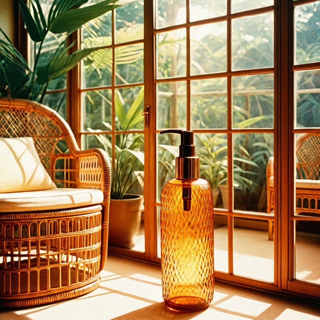 scene70ssunro,  a glass skincare bottle,  1970s sunroom on Tensor.Art