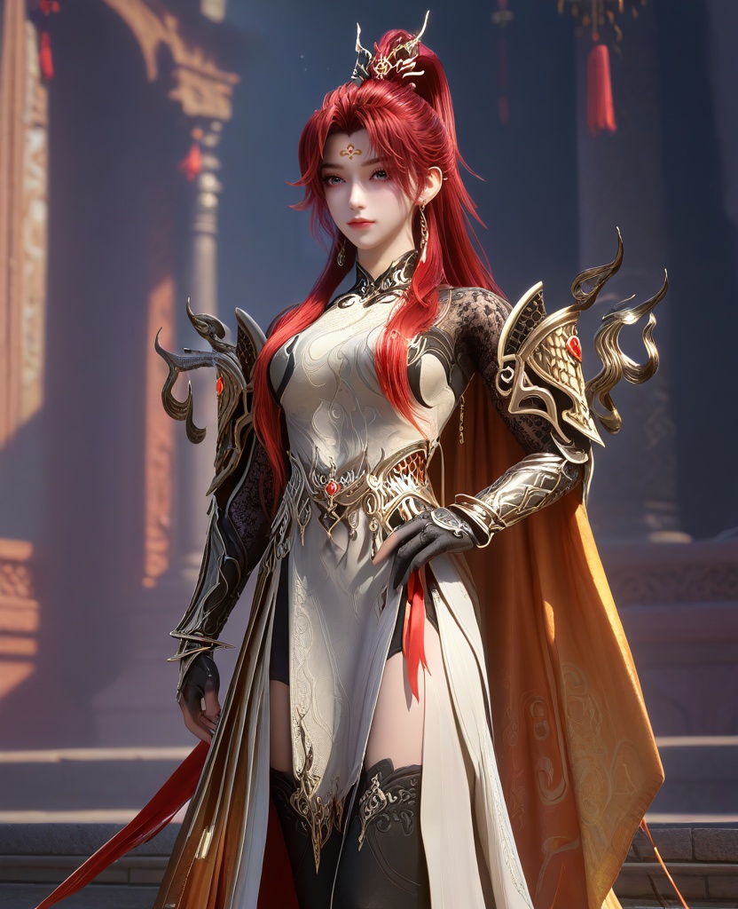 (She stands with one hand resting on her hip, looking poised and elegant.:1.1),looking at viewer,(large breasts:1.2),<lora:XL16云深不知梦炽阳华明:0.95>,miss chiyanhuaming,beige panel dress,forehead mark,grey eyes,red hair,half-up high ponytail with long cascading hair,long hair,hair ornament,earrings,jewelry,armguards,sash,orange cape,black gloves,high-heeled thigh boots,, score_9,score_8_up,score_7_up,score_6_up,score_5_up,score_4_up,3d rendering,tag1,tag2, Cinematic Lighting,backlighting,