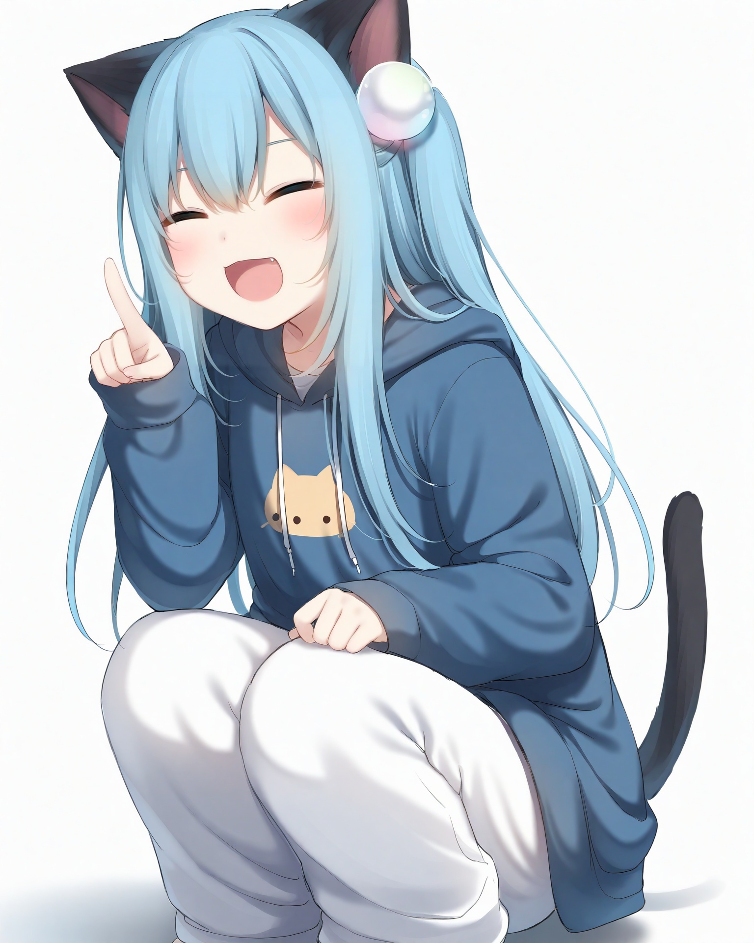 Best-A, amashiro_natsuki, NekohaShizuku_\(amashiro_natsuki\), 1girl, animal_ears, tail, cat_ears, solo, blue_hair, cat_tail, closed_eyes, white_background, smile, long_hair, fang, open_mouth, simple_background, squatting, pointing, cat_girl, long_sleeves, blush, hood, :d, hoodie, hood_down, meme, hair_between_eyes,paw_in_eyes,