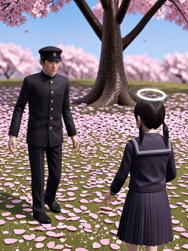 In this 3D-style outdoor scene,  a tall male student with short black hair is walking towards a petite girl from the side....