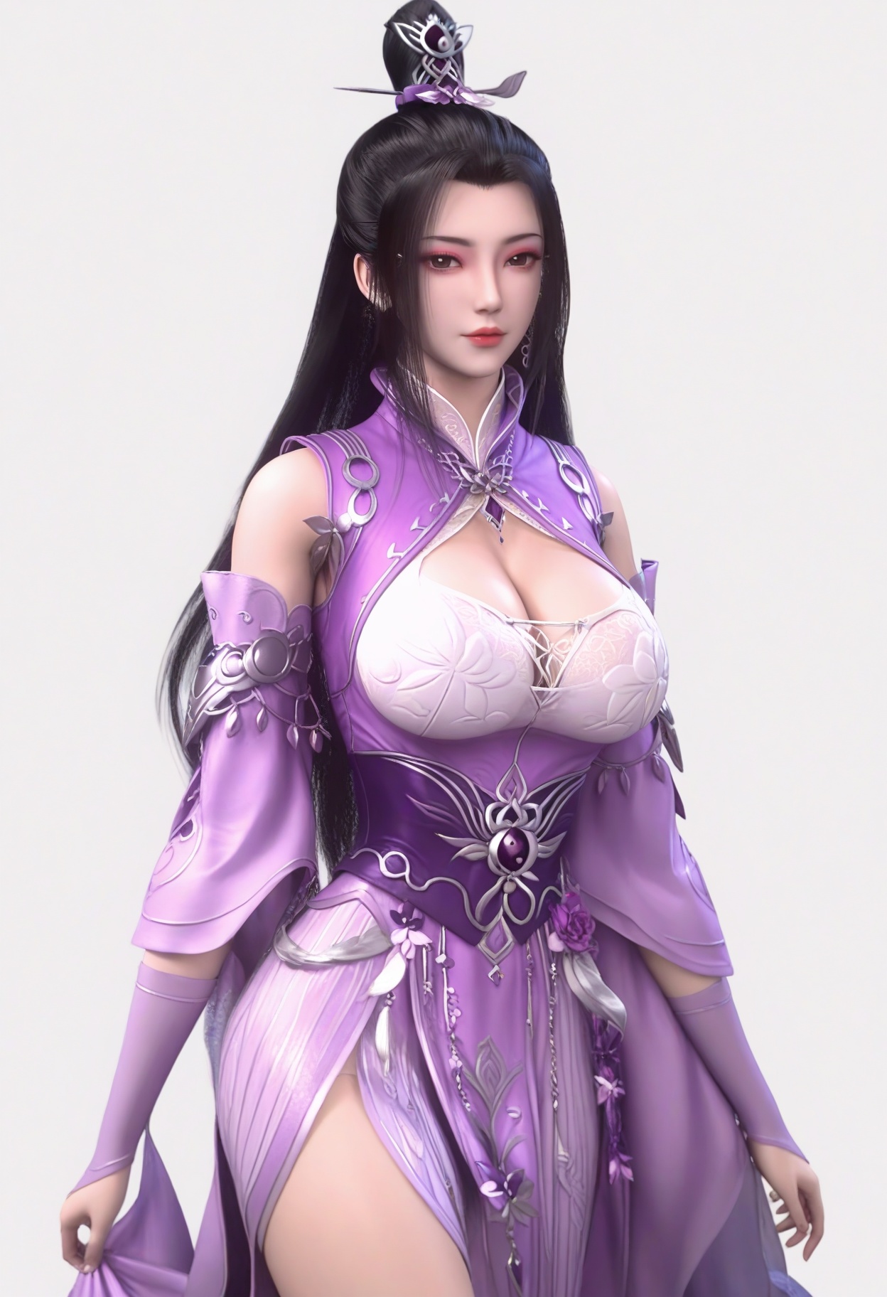 score_9,<lora:SF_LiuMei_Pony_Realism2.3-000003:0.7>,hair ornament,black hair,dress,long hair,eyeshadow,hair bun,1girl,breasts,large breasts,dress,detached sleeves,solo,looking at viewer,white background,simple background,