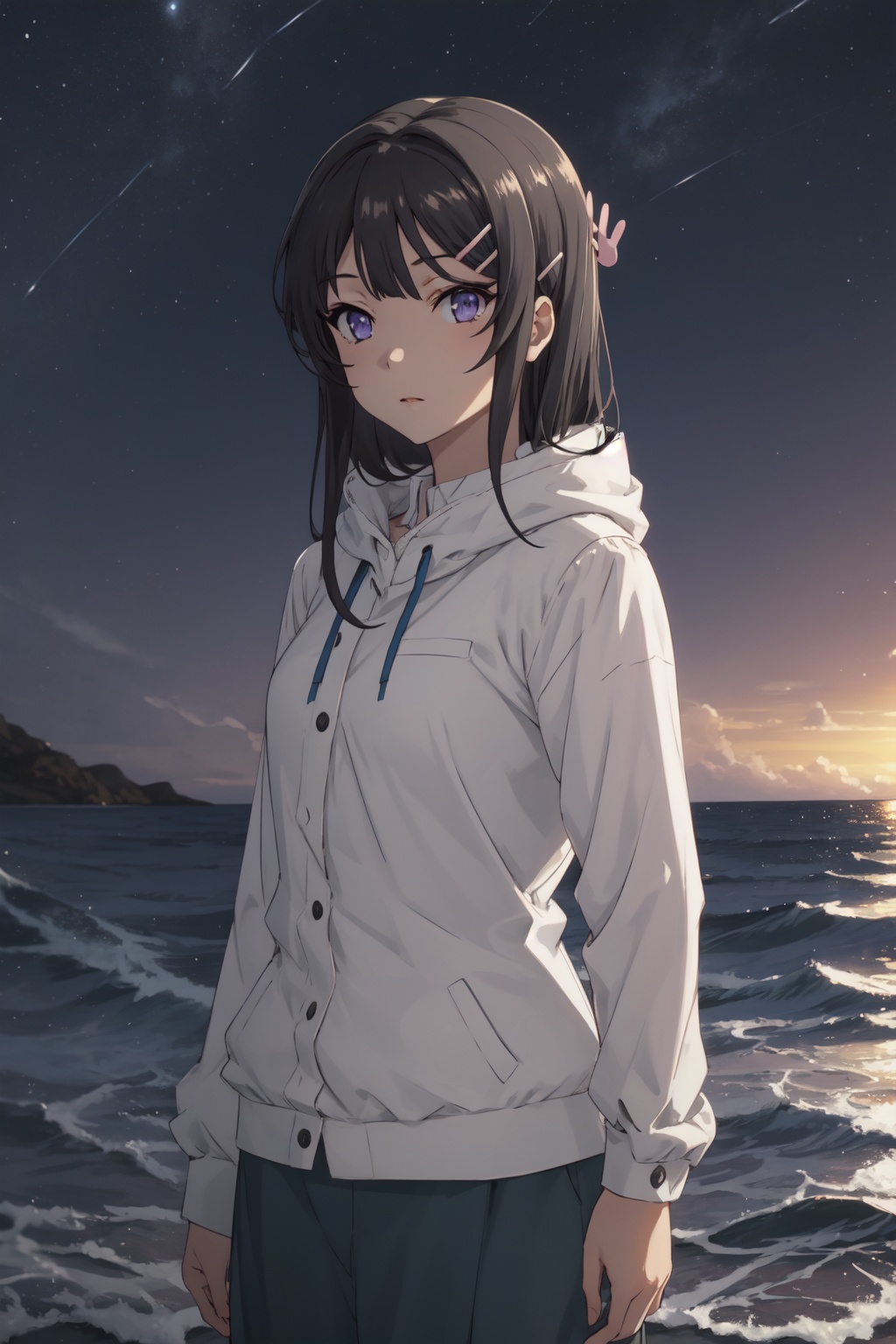 <lora:Mai-000010:0.8>,Mai CYQL,1girl,looking at viewer,solo,black_hair,long_hair,hairclip,hair_ornament,purple eyes,Hooded Aran sweater with joggers and chunky sneakers,sleepy,panorama,Coral, Fish, Seaweed, Sunlight, Clear water, Diverse marine life, Colorful, Serenity,(Sea oats, Beach grass, Sand dunes, Sea breeze, Soft twilight, Seagulls:0.5),beautiful detailed sky,beautiful detailed glow,posing in front of a colorful and dynamic background,masterpiece,best quality,beautiful and aesthetic,contrapposto,female focus,wallpaper,