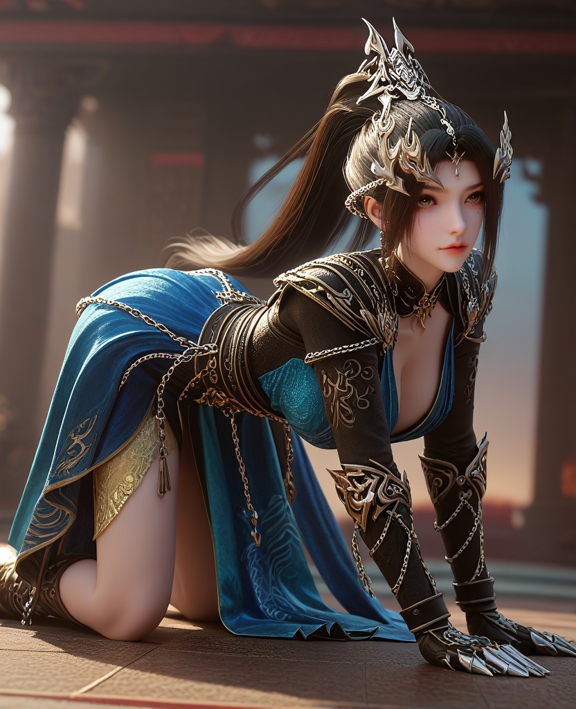 (oriental architecture, elegant decor, sophisticated style:1.1),(all fours, elbows on the ground,:1.1),Directly from the side, giving a perfect lateral perspective,(large breasts:1.2),<lora:XL16云深不知梦羲和融合玄凤:0.95>,miss xihe,black wrap coat with blue overdress,shoulder armor,brown eyes,black hair,very long hair,ponytail,hair ornament,jewelry,chain ornament,gauntlets,sash,blue to white ombre base skirt,cape,, score_9,score_8_up,score_7_up,score_6_up,score_5_up,score_4_up,3d rendering,tag1,tag2, Cinematic Lighting,backlighting,