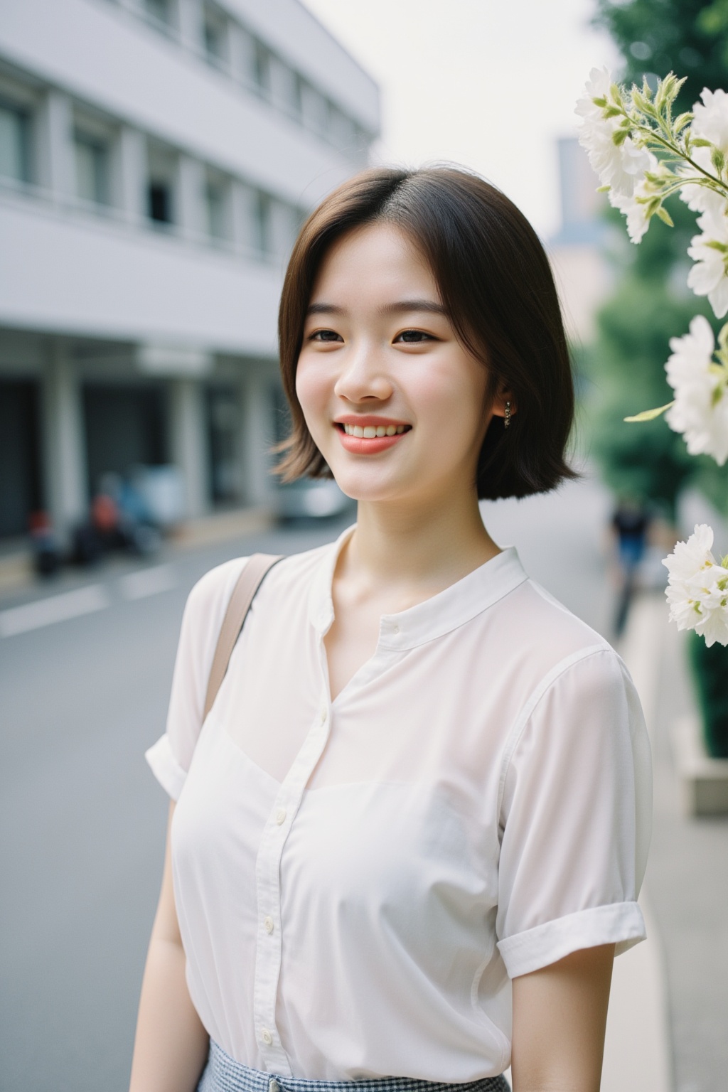 Fuji camera filter,Film photography,Color Film,Fujifilm Fujicolor 400H,film photo,Polaroid style,1girl,outdoors,shirt,short hair,solo,bag,white shirt,skirt,building,day,brown hair,depth of field,short sleeves,see-through,smile,teeth,shoulder bag,blurry background,car,motor vehicle,realistic,collarbone,red lips,lips,handbag,black hair,standing,flower,open mouth,lipstick,closed eyes,brown eyes,city,makeup,buttons,see-through shirt,street,cowboy shot,grin,sky,underwear,medium hair,shirt tucked in,road,window,parted lips,jewelry,asian,white flower,looking to the side,looking up,arms at sides,plaid,breasts,