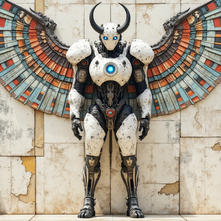 miluo_jqgk,A badass, humanoid robot stands against an ancient, worn stone wall. This metal beast has a white and black exoskeleton with glowing blue bits, big-ass wings with intricate designs, and two black horns. Its face is a mix of mechanical and human-like features. The scene mixes sci-fi with ancient vibes..<lora:米洛丨机器怪咖v1.3:1>