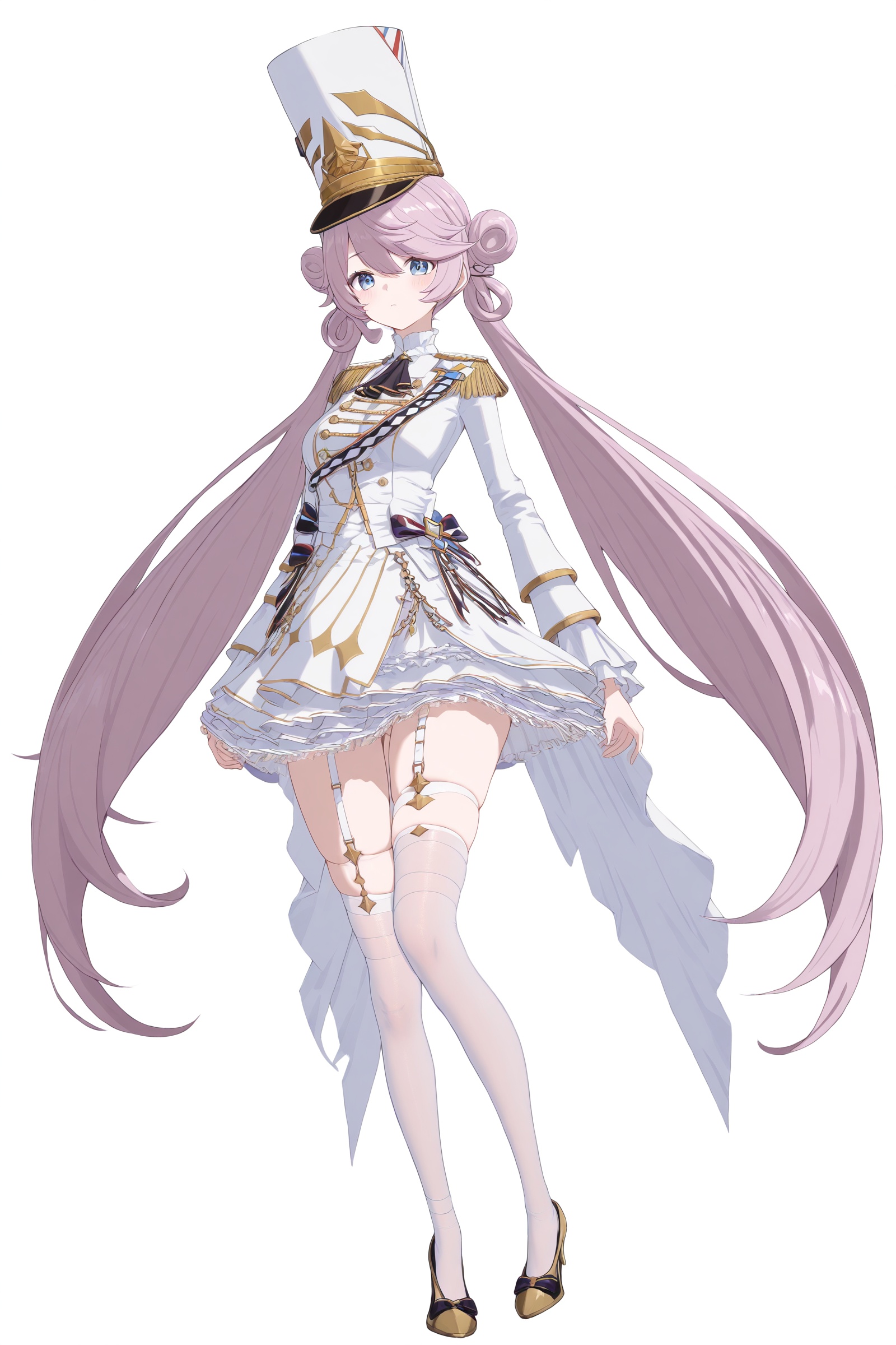 masterpiece,high score,great score,absurdres,<lora:moli1:1>,moli,1girl,solo,thighhighs,hat,long hair,blue eyes,white thighhighs,full body,garter straps,shako cap,double bun,dress,pink hair,hair bun,long sleeves,bangs,white dress,very long hair,closed mouth,purple hair,double-breasted,frills,buttons,epaulettes,white headwear,