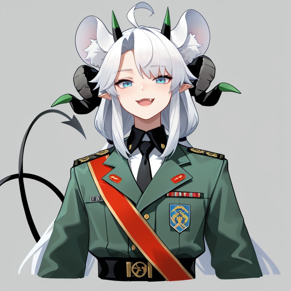 masterpiece, best quality,grey background,looking at viewer,SOLO,simple background,  dajiaoshu_style,shuangweihuixing,rat ears,horns,blue eyes,animal ears,ahoge,white hair,2 tails,animal ear fluff,demon tail,demon horns,long hair,asymmetrical_bangs,bangs,shirt,gloves,long sleeves,bow,twintails,very long hair,jacket,necktie,horns,pointy ears,black gloves,fang,collared shirt,uniform,animal ear fluff,sash,military,military uniform,black necktie,green jacket,<lora:gouhui-2.0-ill:0.8>
