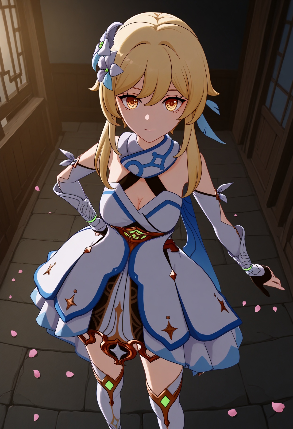 (standing full_body:1.1),looking at viewer:1.1,masterpiece,(best quality),(mutated_hands:-1.2),(bad hands:-1.2),smog,Dark room,dim lighting,peach blossom,falling petals,<lora:YQ_Illustrious光辉二次元v1_荧_V1:0.8>,q1528437228,1girl,solo,lumine (genshin impact),blonde hair,hair ornament,dress,hair flower,white dress,short hair with long locks,detached sleeves,yellow eyes,scarf,sidelocks,feather hair ornament,gloves,white thighhighs,boots,