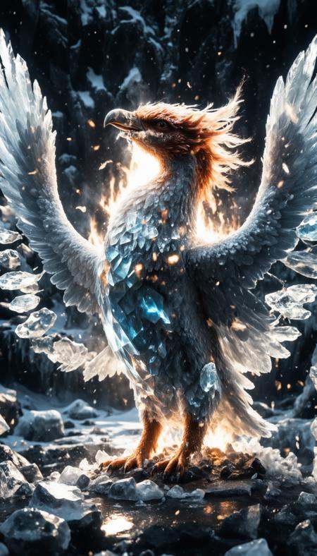 1c3_wn73r,detailed background,antarctica,ice,fire,phoenix,animal,environment,extreme climate,glaciers,elements,opposing,harshness,stoic,adversary,nature,camera angle,frost,fire,contrast,snowflakes,feathers,flight,explosive,burst,glittering ice crystals,originality,creativity <lora:Detailed_Background:1.0000000000000002> <lora:Varos_-_Ice_Style:1.0000000000000002> <lora:Pony_DetailV2.0:1.0>