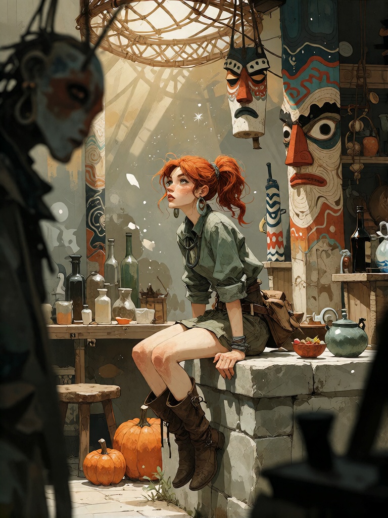 **Final Answer**Bradhamel art style,  illustration of a young woman with vibrant red hair tied in a ponytail,  wearing gre...