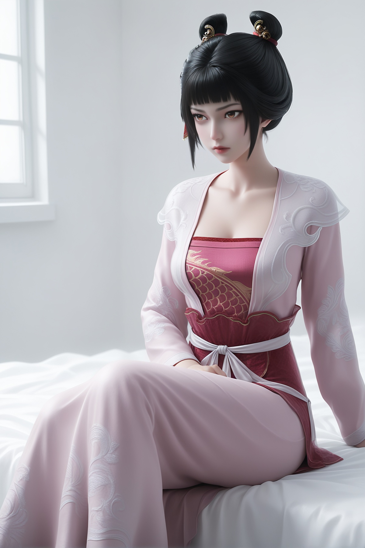 masterpiece,best quality,realistic,cinematic,detail eyes,(ultra-detailed),perfect composition,intricate details,absurdres,detailed face,high quality,high res,8K,<lora:X_wangzhu_IL3.0:0.8>,black hair,brown eyes,double bun,single hair ring,1girl,breast,medium breast,hair_ornament,dress,sitting,simple background,bed,white_background,window,