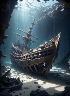 Silent and still, the skeletal remains of a once-mighty ship lie in repose on the ocean floor. Barnacles cling to its broken hull, and marine life weaves through the fractured beams. The ghostly visage of the shipwreck whispers tales of its voyages and the fathomless depths that now cradle it in eternal slumber