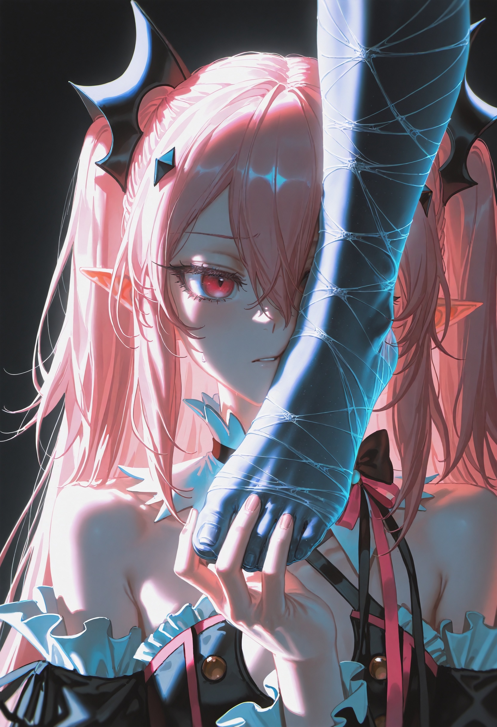 masterpiece,best quality,artist:john_kafka,artist:nixeu,artist:quasarcake,chromatic aberration,film grain,high contrast,color contrast,cold colors,gritty,graphite \\\\(medium\\\\),1girl,krul tepes,silk clothes,frills,pink ribbons,Foot in Face,