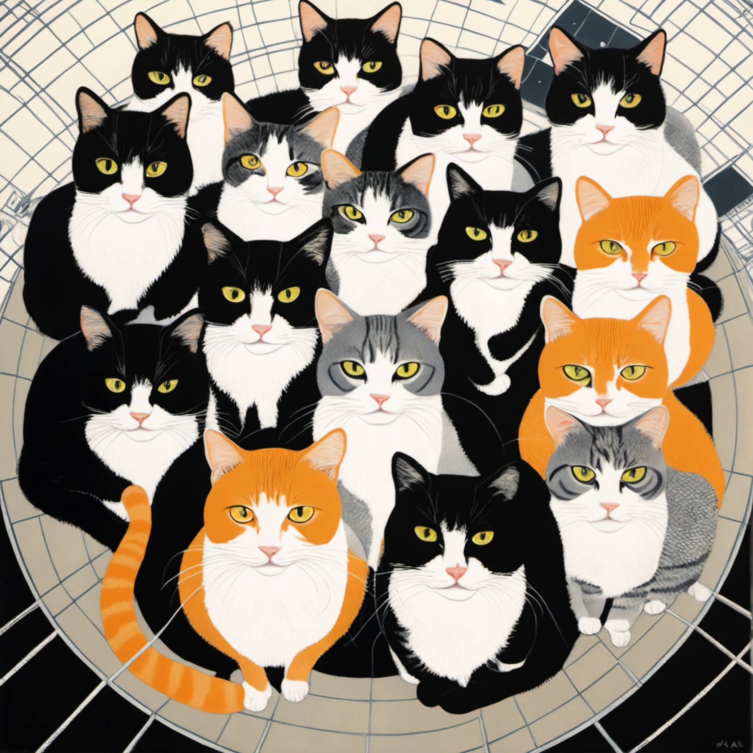 art by Jillian Tamaki,  overhead angle of a multiple cats,  inside a Solar power station on Tensor.Art