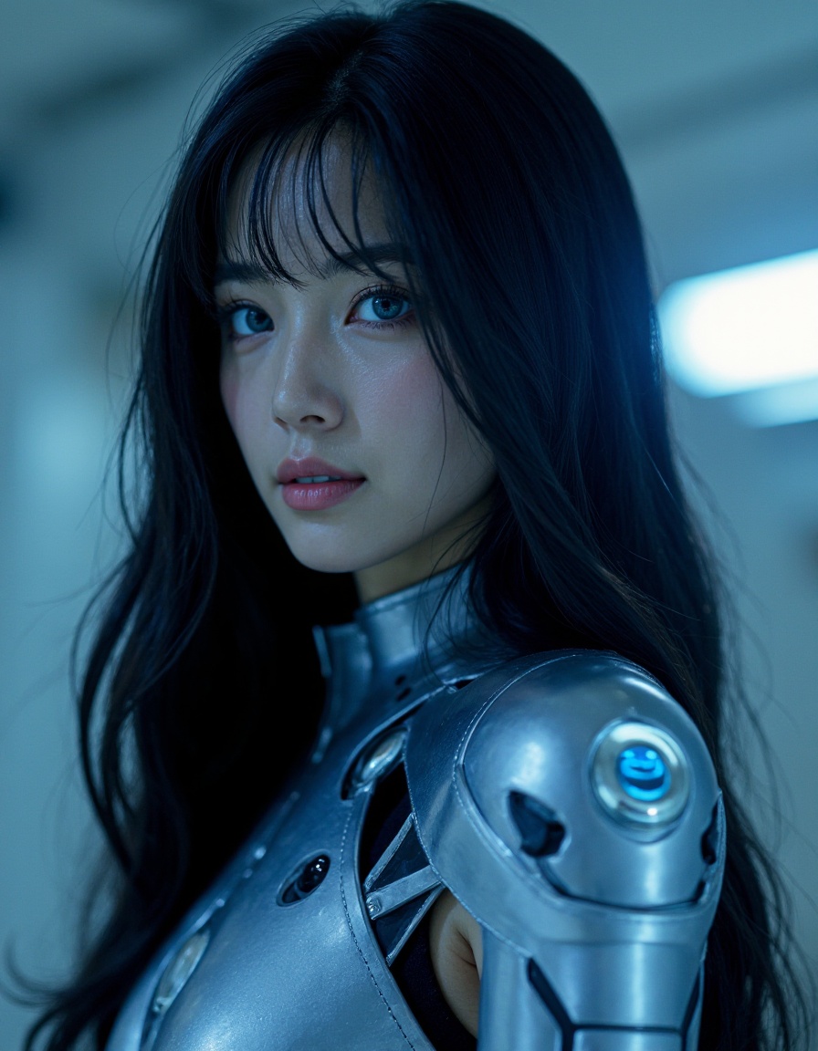 HDR photo of cinematic film still, mecha,Alison has a rare black long hair,like the brightest galaxy in the night sky pouring down,casually draped over her shoulders,shimmering with a faint blue light. Her eyes were deep blue,like black holes in a distant galaxy,both mysterious and attractive. With a slender figure and a slightly pale skin due to long-term wearing of high-tech protective clothing,the blue veins faintly emanate from the skin. Wearing a silver blue mecha,the surface is covered with delicate metallic luster,shining like the first ray of sunshine in the morning under the illumination of lights,both bright and full of hope,