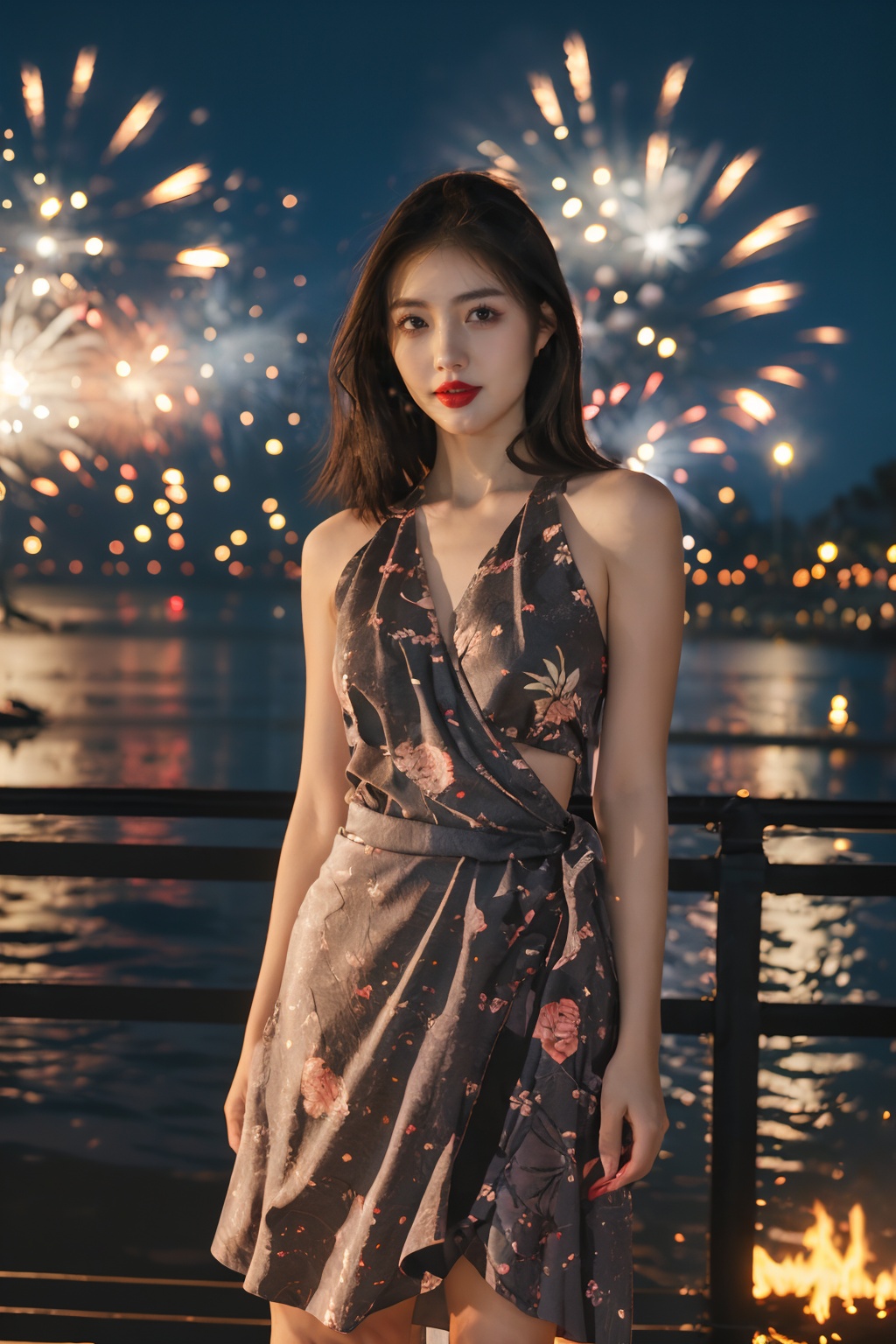 solo,1girl,dress,black hair,realistic,upper body,looking at viewer,elegant girl,(Wrap_top:1.5),(Floral_printed_skirt:1.4),fire,fireworks,night,<lora:disillusion · fireworks:1>,