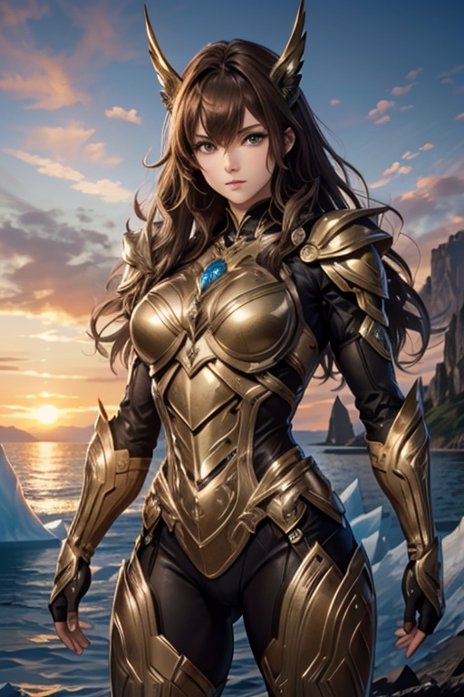 <lora:Hxarmour_00703:0.7>,Hands on face,, hxarmour,1girl,(brown armour:1.3),Ocean Crater Lake,Iceberg,Sunrise,