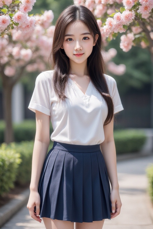 <lora:20250110_Again_Girl_F.1_6:1>,HDR photo, high quality, masterpiece, realistic, photorealistic, ultra high res, highly detailed skin, 1girl, solo, smile, centered shot, from front, face and waist, long hair, look at viewer, cute face, symmetrical body, breasts, perfect anatomy, school uniform, pleated skirt, peach blossom, flower petal