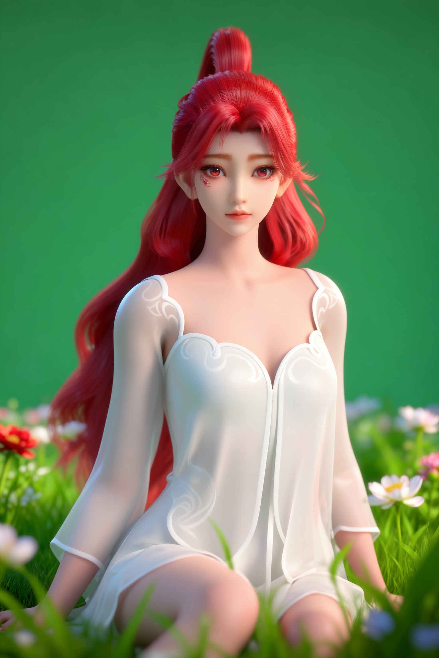 <lora:百炼成神3-火允儿-浴袍Pony:0.8>,1girl,red hair,long hair,ponytail,red eyes,facial mark,white dress,see-through,cleavage,long sleeves,bare legs,1girl,solo,flower,long hair,red hair,red eyes,looking at viewer,blurry,dress,breasts,lips,white dress,upper body,depth of field,small breasts,grass,ponytail,green background,