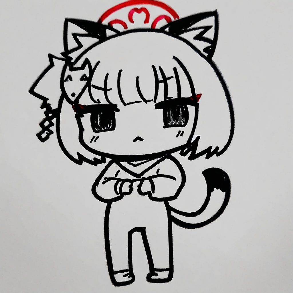 <lora:style52-a31-000018:1>1girl, animal ears, solo, monochrome, chibi, tail, white background, simple background, :<, halo, hair ornament, animal ear fluff, greyscale, full body, standing, cat ears, bangs, short hair, spot color, looking at viewer, closed mouth, virtual youtuber