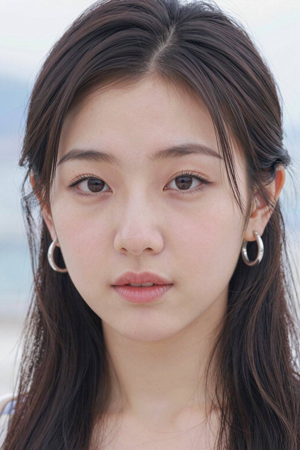 Photograph of an East Asian woman with fair skin and delicate features, captured in a close-up portrait. She has large, dark brown eyes with subtle eyeliner and long, dark brown hair styled in a loose ponytail with strands framing her face. Her lips are slightly parted with a natural pink hue. She wears small, silver hoop earrings. The background is blurred, featuring soft, light blue and white tones, suggesting an outdoor setting. Her skin has a few freckles, adding to her natural appearance. The image focuses on her serene expression and delicate beauty, emphasizing her youthful and gentle look., <lora:20260107_TinZ-ImageYoungGirlLora6:1>