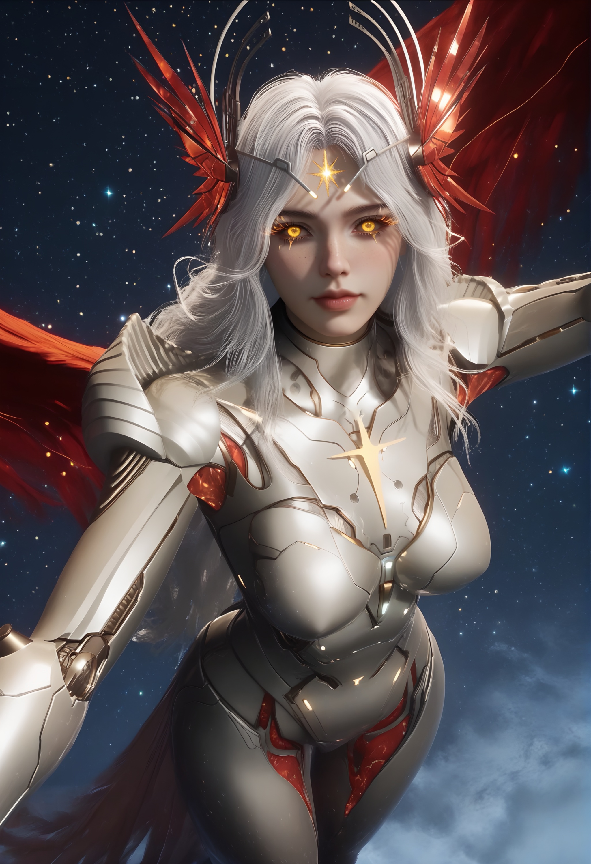 (score_9),cowboy shot,standing,<lora:星幻王-apony-000009:0.83>,mechanical angel,xinghuanwang,1girl,solo,joints,ringed eyes,long eyelashes,freckles,hair ornament,long hair,white hair,glowing markings,glowing eyes,yellow eyes,Metallic horn-like ornament,blending feathers and mechanical parts,power armor,shoulder armor,wings,feathered wings,red wings,large_wings,legs,cybernetic legs,calf,glowing veins on calf,lower leg,cybernetic calf,mature_female,BREAK<lora:Expressive_H-000001:0.78>,light blush,Expressiveh,ringed eyes,looking at viewer,front view,dutch angle,dynamic_angle,from above,selfie,v sign,closed mouth,fair_skin,(pale skin),(sweaty_skin),BREAKsimple background,<lora:e色温:0.25>,sparkle,blurry background,star \(symbol\),starry sky,star \(sky\),universe,hyper_galaxy,4K ultra HD,sharp focus,high detail,high contrast,