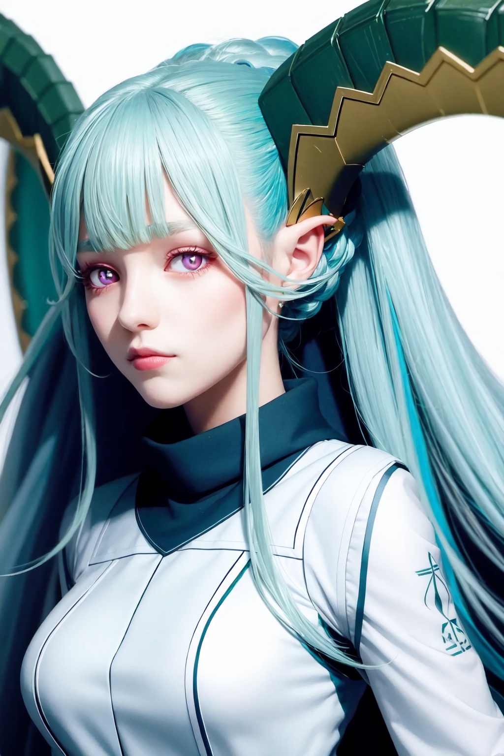 portrait,close-up,upper body,tiamat_(fate),1girl,curled_horns,symbol-shaped_pupils<lora:tiamat_(fate):1>,simple background,white background,masterpiece,best quality, highly detailed, 
