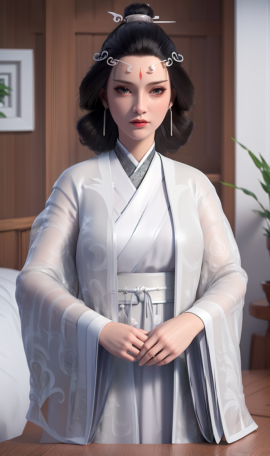 3D,masterpiece,(best quality),(makeup),official art, extremely detailed cg 8k wallpaper,((crystalstexture skin)), (extremely delicate and beautiful),(highly detailed),(face),(tiara),(collar),(hairpin),(wide_sleeves),(1girl), (solo), (jewelry), (earrings),(black_hair),(long_hair),(hair_ornament),(handwear),(breasts),(standing),((upper_body)),((closed_mouth)),((long_dress)),(shiny_clothes),((hanfu)),(city,indoor,bed),,((looking_at_viewer)),((Facing the camera)),, <lora:hipoly3DModelLora_v10:0.3>