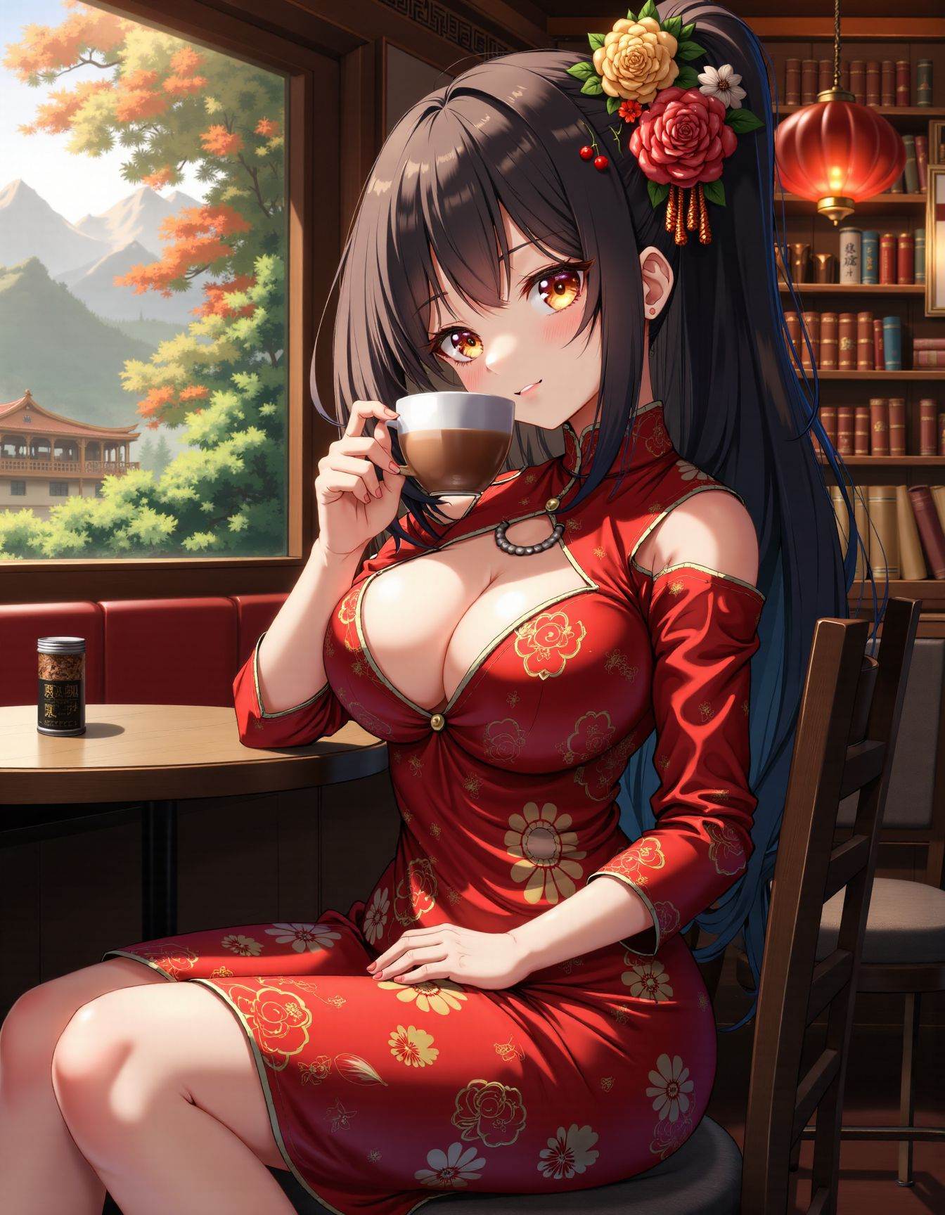 1girl holding cup in cafe,  cleavage,  china dress on Tensor.Art