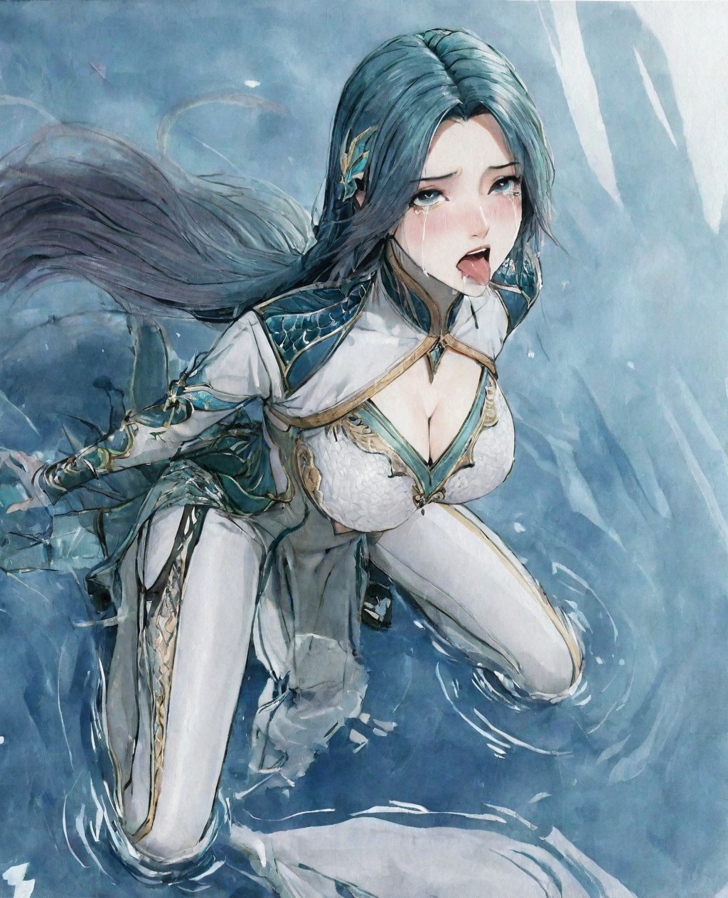 ((very awa)),(solo),highly detailed,(best quality),((masterpiece)),1girl,chi,<lora:鸽正则nbXL:0.3>,ge,<lora:chi正则100nbXL:0.7>,traditional media,painting \(medium\),watercolor \(medium\),looking_at_viewer,large breasts,<lora:王秋儿nbXL:0.8>,wangqiuer,long hair,clothing cutout,rolling_eyes,garter_straps,tears,(torn clothes),kneeling,breast,cleavage,navel,tongue_out,ahegao,blush,drooling,