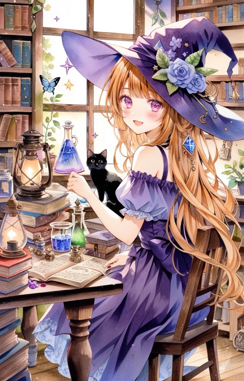 1girl,witch hat,hat,book,cat,flower,long hair,witch,butterfly,solo,black cat,purple eyes,open mouth,bug,traditional media,painting (medium),watercolor (medium),open book,smile,water,bottle,plant,indoors,lamp,dress,loaded interior,orange hair,magic,holding,blush,jewelry,cup,shelf,sparkle,purple headwear,rose,skirt,sitting,light bulb,paper,candle,very long hair,gem,:d,flask,lantern,leaf,crescent,brown hair,table,bookshelf,potion,standing,chair,bookmark,jar,purple flower,potted plant,hair flower,hat flower,animal,scroll,window,bare shoulders,crystal,bangs,looking back,looking at viewer,blonde hair,pink flower,star (symbol),purple dress,book stack,skull,hair ornament,fantasy,inkwell,necklace,