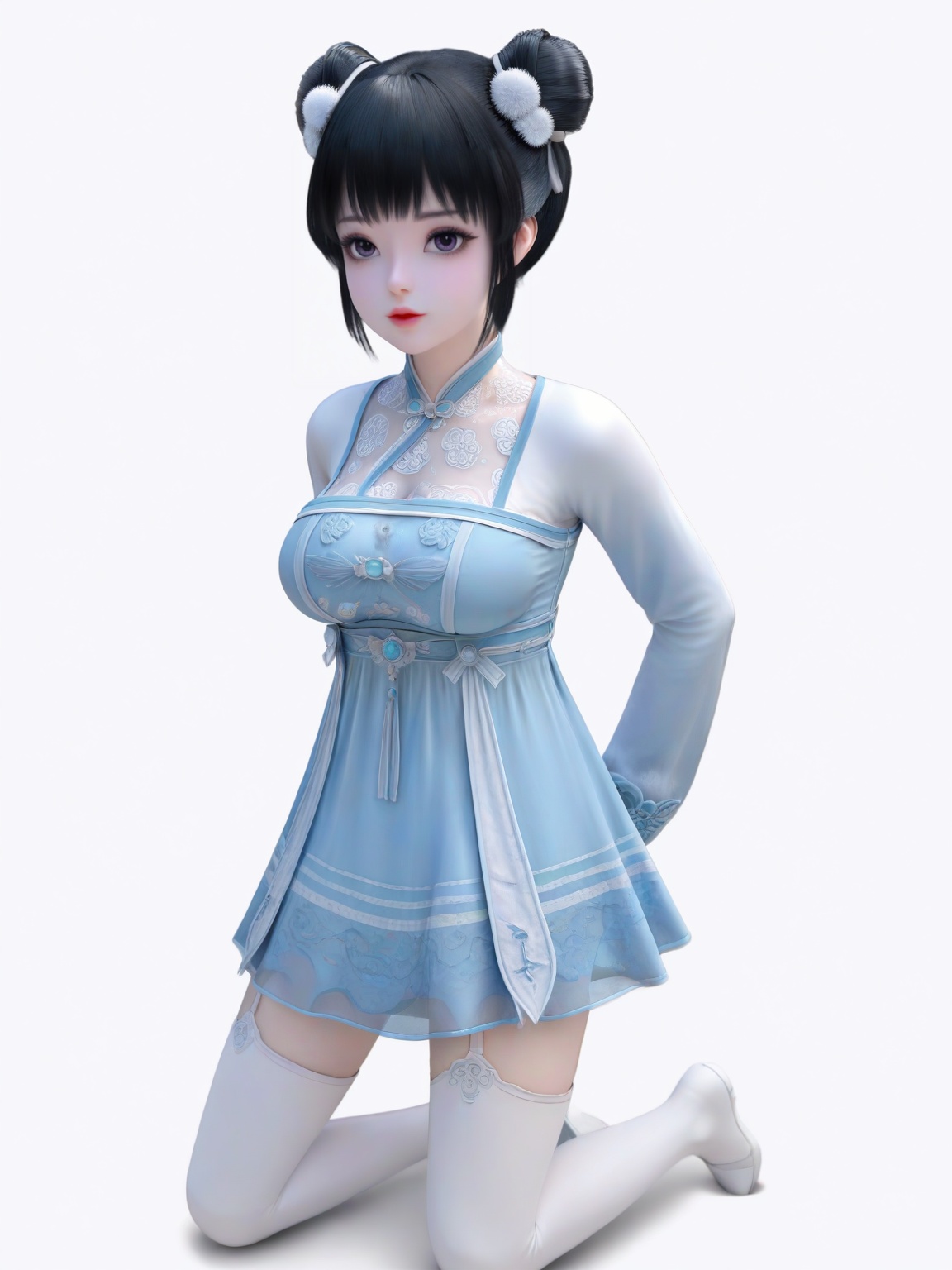 score_9,1girl,solo, hair ornament,dress,hair bun,double bun,breasts,large breasts,dress,lipstick,eyelashes,bangs,long sleeves, black hair,looking at viewer,white background,simple background,full body,white boot,white thighhighs,<lora:SF_RuoXi_Pony_Realism2.3-000004:0.72>,