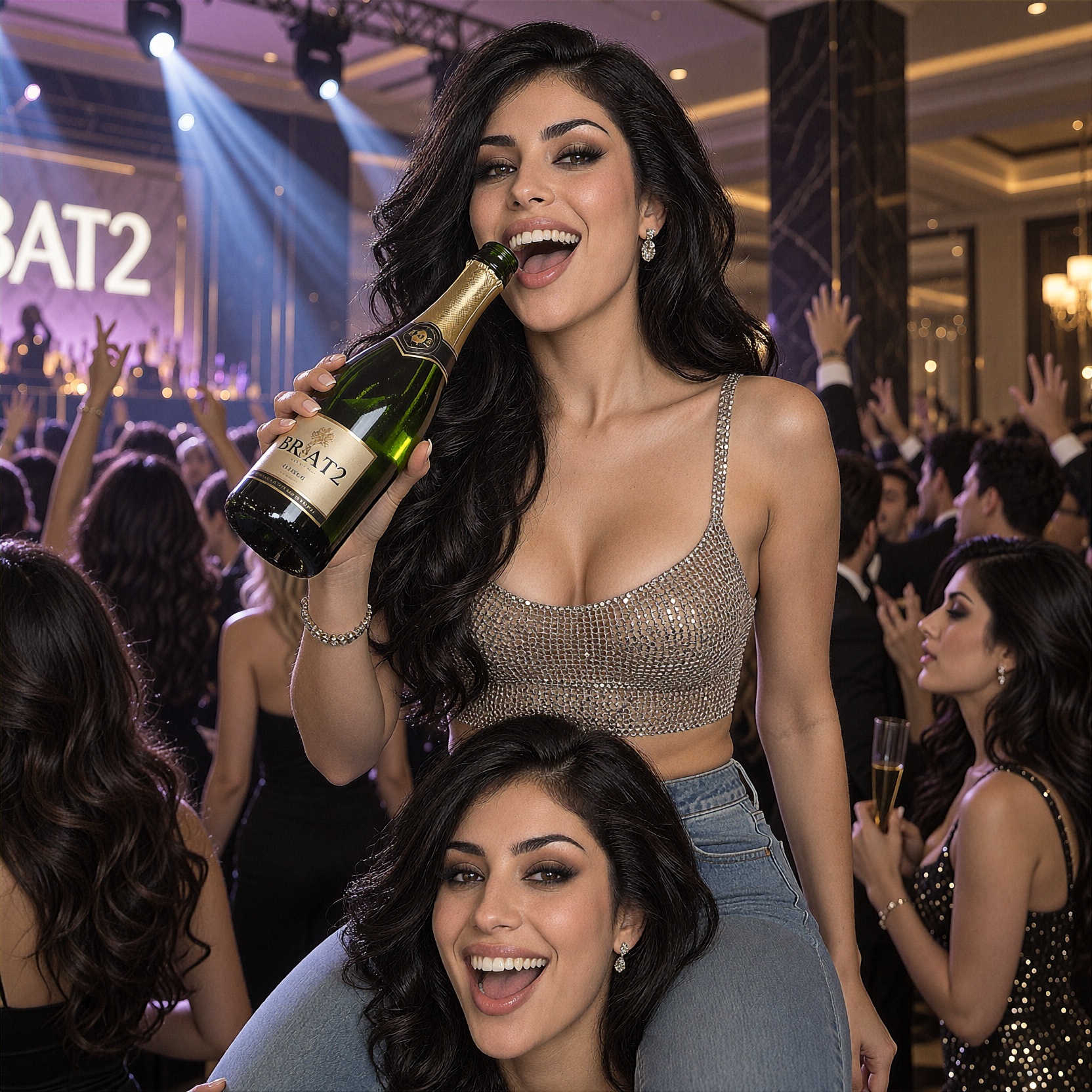 Brat2,  a woman with black hairholding a champagne bottle to her mouth with a wild laugh,  sitting on the shoulders of a f...