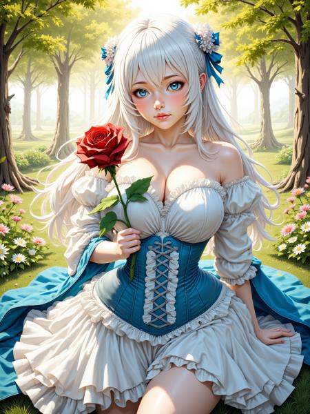 1girl, solo, curvy, white hair, blue eyes, woman holding a origami rose, origami corset, origami shaped trees, outside