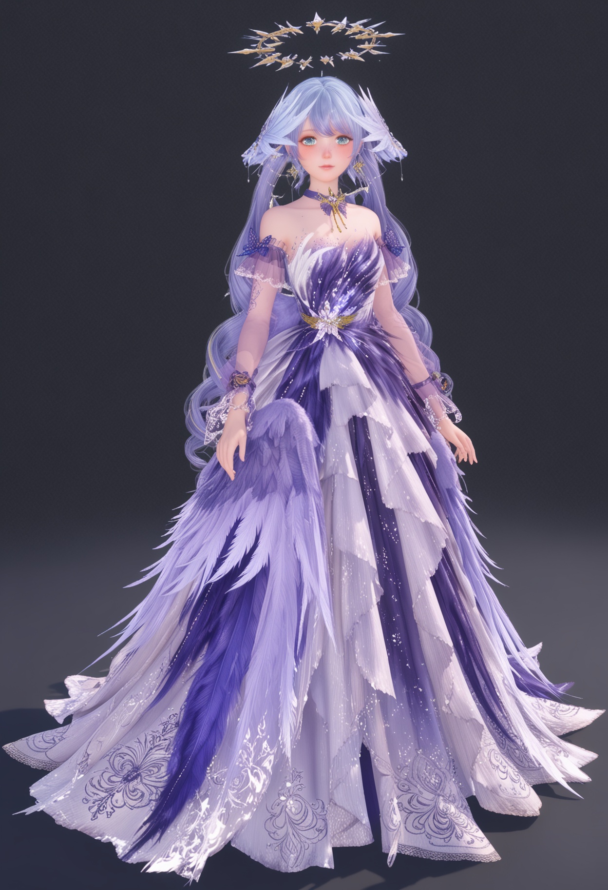 (full_body:1.1),(looking at viewer:1.1),facing viewer,direct gaze,<lora:YQ_pony_nuannuan21_chiyubuyu_zhigengniaoranse_V4:0.8>,see-through,see-through long_sleeves,1girl,solo,long hair,dress,jewelry,earrings,choker,purple dress,blue hair,purple hair,hair ornament,blue eyes,twintails,purple choker,ornate golden halo-like crown featuring intricate leaf patterns.,BREAK (white skin:1.1),(fair skin:1.1),(Ivory skin:1.1),(shiny skin),perfect anatomy,(simple background,pure black background,black background:1.1),