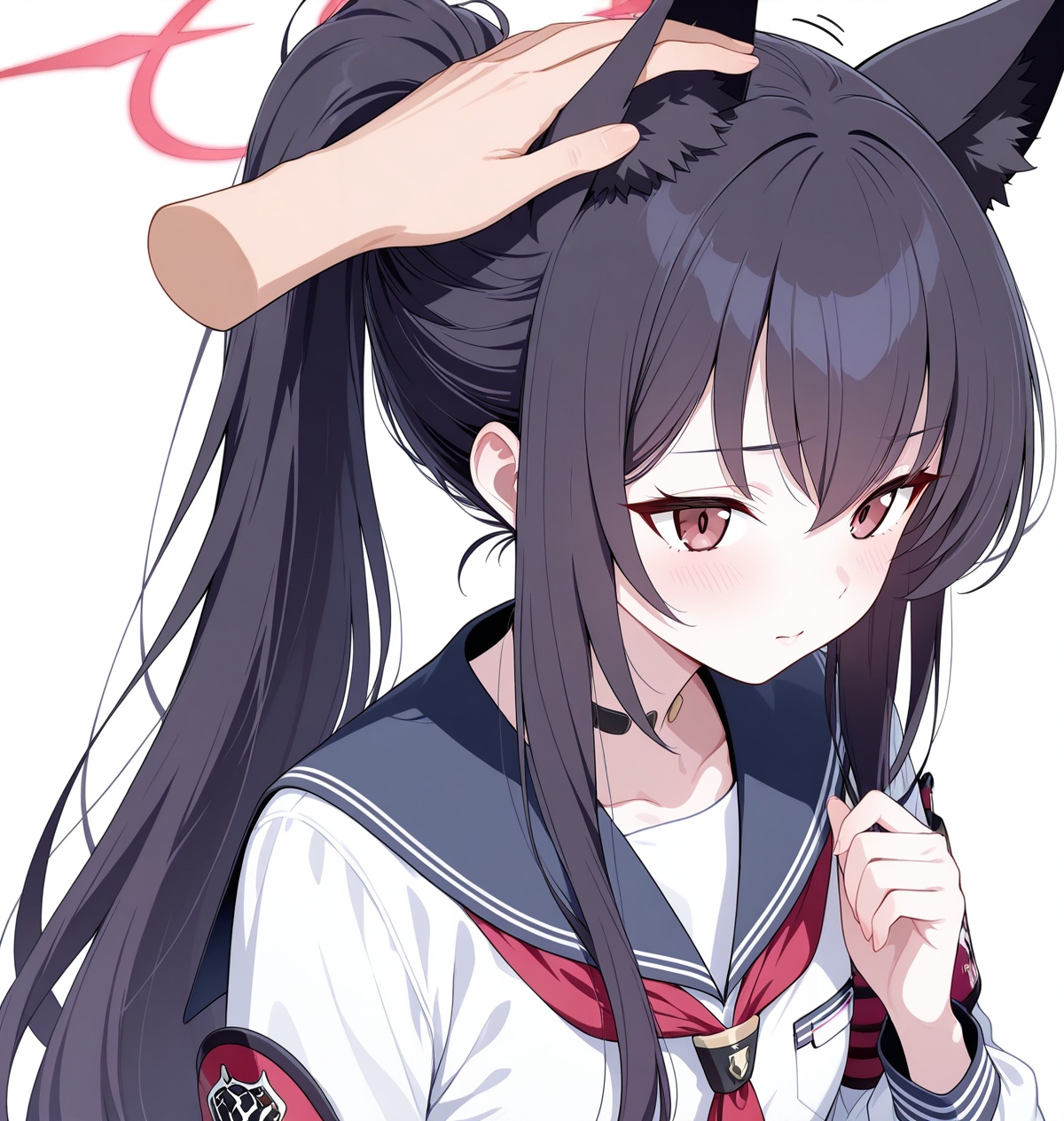 Shichido Yukino(blue archive),1girl, headpat, animal ears, disembodied limb, red eyes, halo, long hair, armband, school uniform, white background, black hair, simple background, serafuku, solo focus, sailor collar, blush, sensei (blue archive), hand on another's head, animal ear fluff, hair between eyes, bangs, neckerchief, long sleeves, upper body, red neckerchief,(aesthetics ),masterpiece,best quality,ultra high definition,32K resolution,clear focus,delicate details,high-end texture,fashion photography,film perspective,rich colors,color palette,advertising style,tension composition,masterpiece,mild atmosphere,latest,dynamic Dutch perspective,transparent composition,magazine cover,cover,