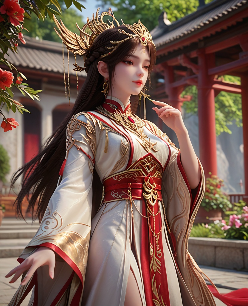 (oriental architecture, elegant decor, sophisticated style:1.1),Standing in a garden, smelling a flower, with closed eyes, enjoying the fragrance,,(breasts:1.2),<lora:XL16完美世界火灵儿祈福装:0.85>,miss huolinger,solo,white robe with red chiffon dress underneath,sash,black hair,hair ornament,long hair,brown eyes,red lips,white topwear,pelvic curtain,wide sleeves of red chiffon,jewelry,earrings,, zPDXL2, score_9, score_8_up, score_7_up BREAK realistic, masterpiece,best quality, highly detailed,, zPDXL3, zPDXL2,zPDXL, zPDXLxxx, zPDXLrl,