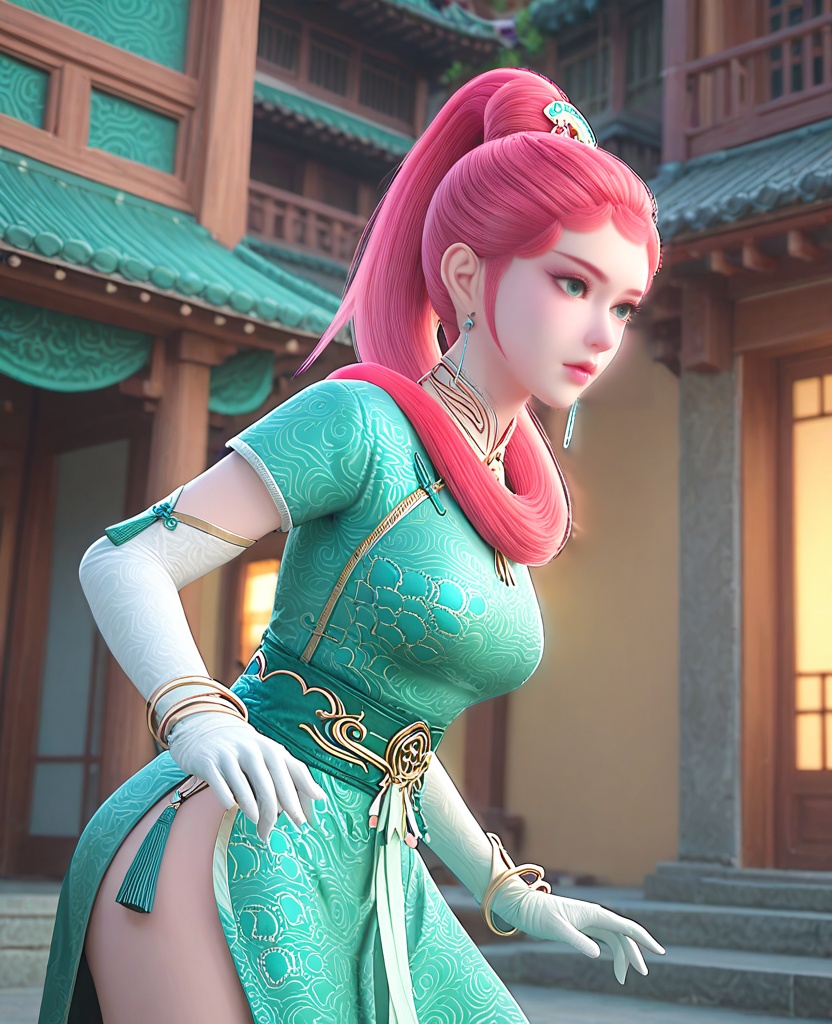 (oriental architecture, elegant decor, sophisticated style:1.1),(practicing push-up:1.1),(breasts:1.2),<lora:XL妖神记龙羽音:0.95>,miss longyuyin,green chinese clothes,jewelry,pink hair,ponytail,white gloves,elbow gloves,sash,makeup,green eyes,tassel,bracelet,right side slit,eyelashes,, score_9,score_8_up,score_7_up,score_6_up,score_5_up,score_4_up,3d rendering,tag1,tag2, Cinematic Lighting,backlighting,