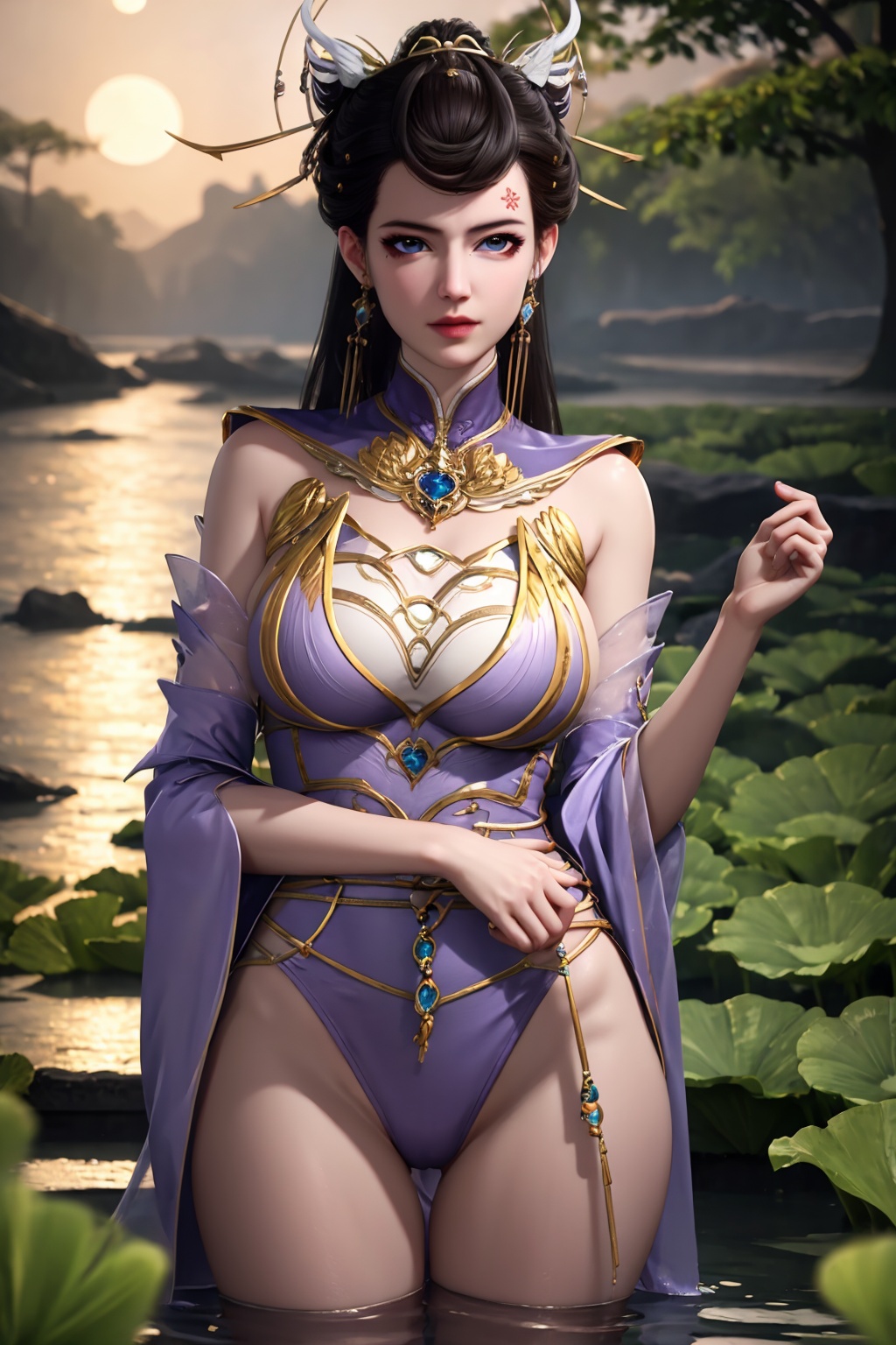 standing,flower,full_moon,moon,night,lily_pad,lotus,moonlight,nipples,water,night_sky,lily_\(flower\),sky,partially_submerged,1girl,solo,hair ornament,long hair,realistic,nail polish,photo_\(medium\),(medium breasts, cleavage),makeup,(8k, RAW photo, best quality, masterpiece:1.2),(realistic, photorealistic:1.3),ultra-detailed,extremely detailed cg 8k wallpaper,(crystalstexture skin:1.2),extremely delicate and beautiful,(sexy pose:1.2),wearing edgHL,see-through,thighhighs,sexy lingerie,(medium breasts:1.2),silk,thin transparent silk,torn pantyhose,