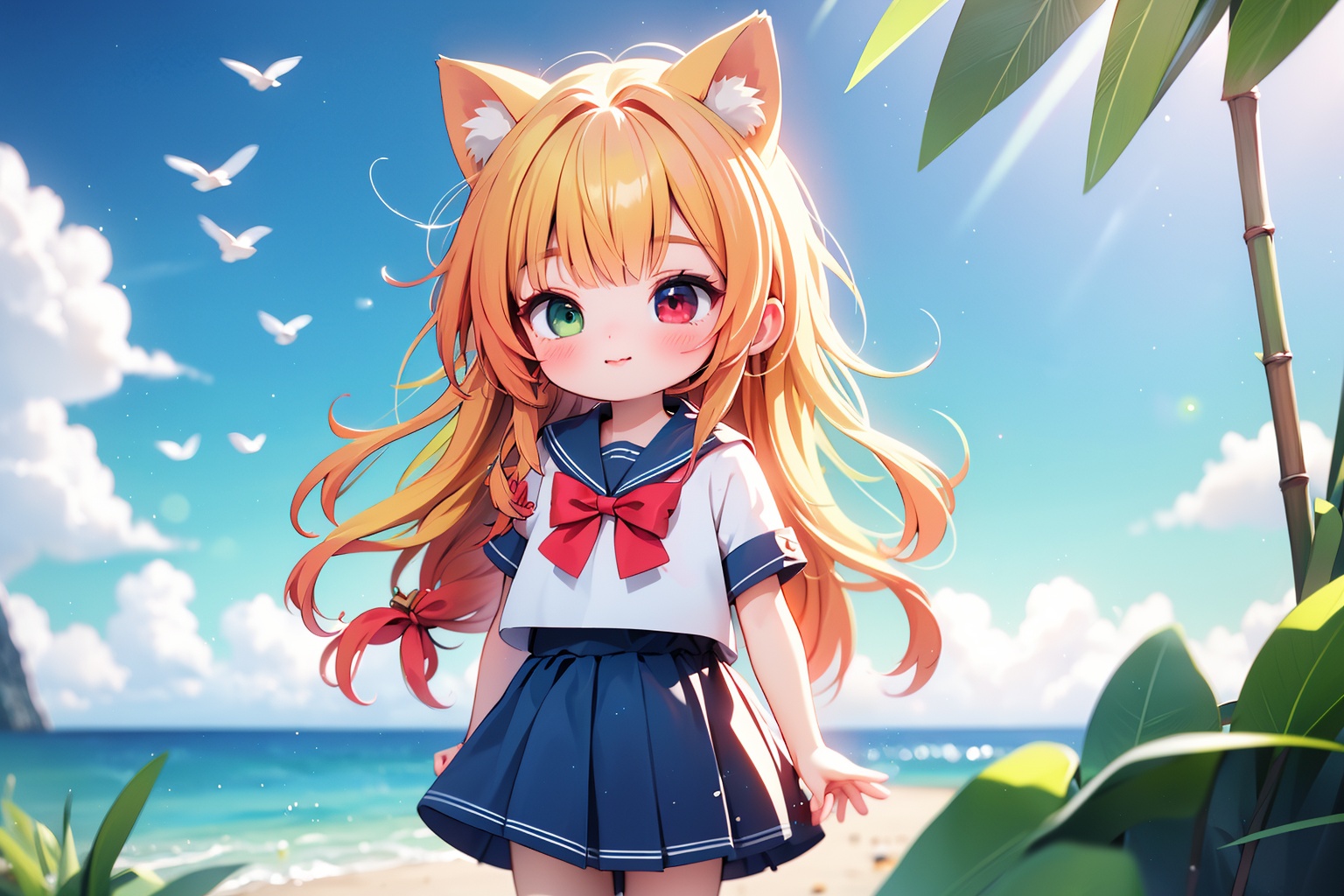 1girl,bangs,beach,bird,black legwear,(heterochromia:1.4),(red eyes:1.4),(blue eyes:1.4),very long blonde hair,cat ears clouds,blue sailor collar,blue skirt,blue sky,blush,red bow,closed mouth,cloud,cloudy sky,condensation trail,day,standing by the sea,