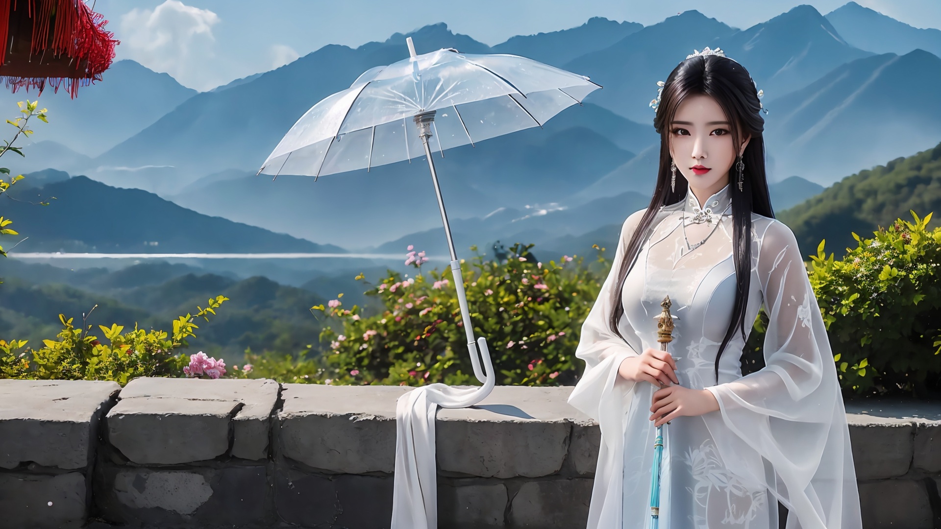 1girl,umbrella,solo,dress,white dress,holding umbrella,jewelry,long hair,black hair,holding,outdoors,chinese clothes,mountain,earrings,necklace,long sleeves,<lora:girl solo luxueqi_20240911015355:0.8>,