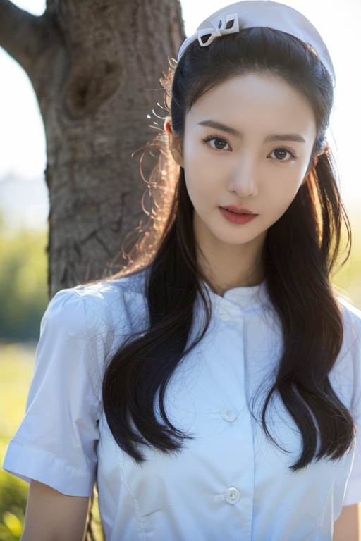 (最高的图像质量,杰作,超高:1.4),1girl,solo,black hair,long hair,realistic,looking at viewer,tree,nurse,outdoors,black eyes,day,dress,short sleeves,lips,sky,brown eyes,((upper_body)),,<lora:jinchen:1>