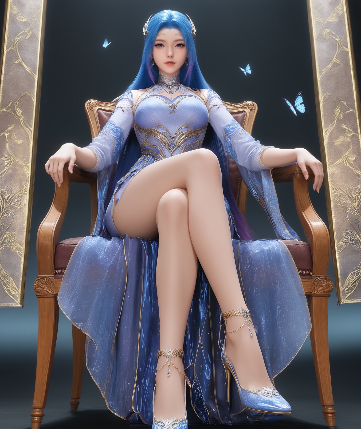 masterpiece,best quality,absurdres,highres,BREAK(glamor:1.1),slender,1girl,solo,<lora:唐舞桐-ill:0.82>,long hair,blue hair,hair ornament,gradient hair,jewelry,earrings,necklace,high collar,clothing cutout,dress,detached sleeves,anklet,high heels,butterfly,looking at viewer,front view,sitting,pov,from below,crossed legs,chair,BREAKsimple background,black background,rim light,Tyndall effect,Volumetric Lighting,Cinematic Lighting,realistic,depth of field,